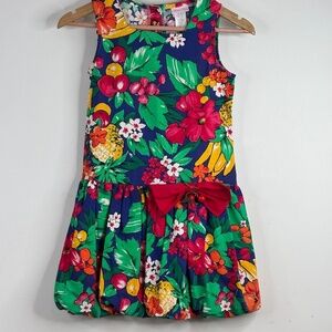 VTG 90s Fruit Print Dress Girls 10 Bow Bubble Hem Resort Beach Wedding Easter